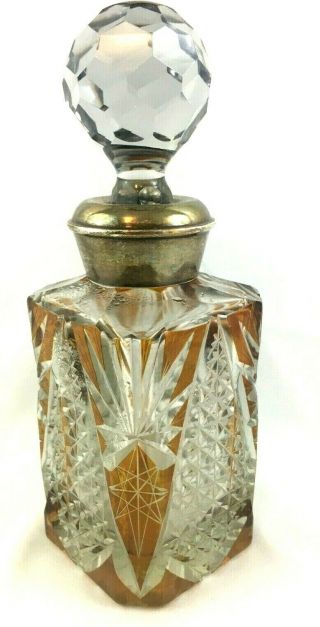 Antique Bohemian Amber Cut To Clear Square Crystal Decanter Sterling Silver Rim