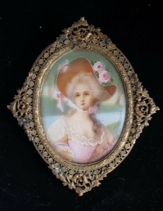 Lady In Large Hat Antique Miniature Painting In Ornate Frame Signed Gainsbourogh