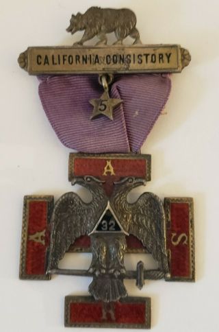 Antique Masonic Knights Templar Scottish Rite California Consitory Silver Medal 2