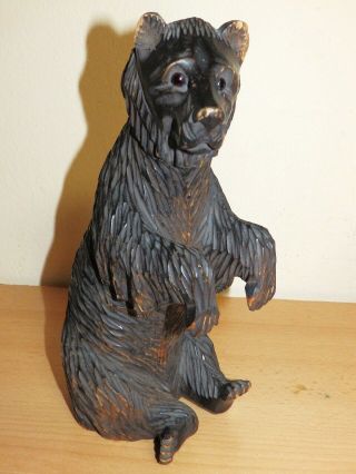 Antique 11 Inch Black Forest Hand Carved Wood Bear With Glass Eyes