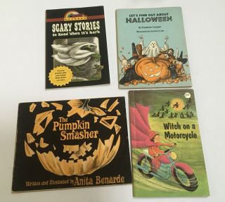 4 Vtg Halloween Children’s Books Pumpkin Smasher Scary Stories Witch Motorcycle