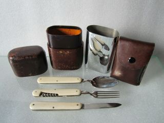 Antique Military Officer Camping Cutlery Set Folding Knife Spoon Fork Corkscrew