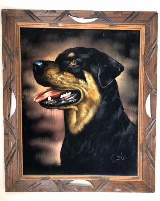 Vintage David Ortiz Dog Velvet Painting Framed 70s Mexico 15 1/2 19 1/2