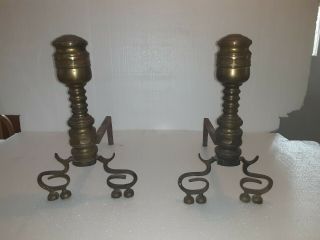 Antique American Federal Brass Fireplace Andirons Early 19th Century Fire Tools