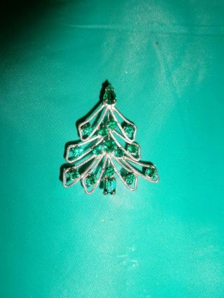 Vintage Silvertone Green Rhinestone Christmas Tree Pin Brooch