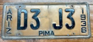 Looking 1936 Arizona License Plate,  D3 J3,  Pima,  Dmv Clear,  Paint