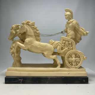 Vintage Signed L.  Toni Marble Roman Soldier With Chariot And Horses