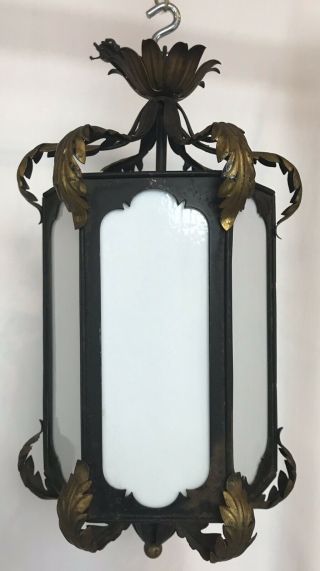 Vintage Spanish Revival Wrought Iron Milk Slag Glass Light Fixture Chandelier