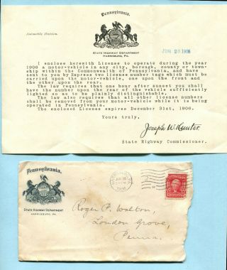 Rare 1906 Pa Highway Dept Letter In Orig Envelope License To Operate & Tags