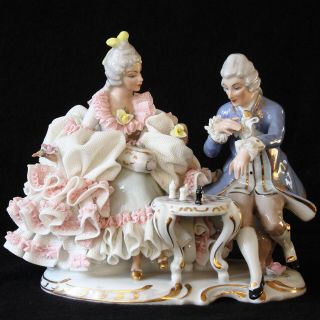 Sandizell Germany Group Porcelain Dresden Lace Figurines Couple Playing Chess