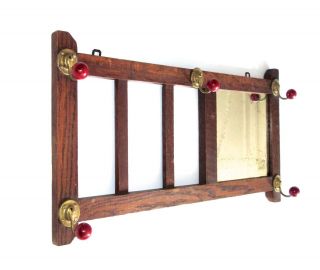 Vintage French Wooden Wall Coat Hat Rack,  Mirror,  1930’s,  Paris Bistrot Style