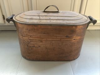 Antique Vintage Copper Boiler Wash Tub W Wood Handles Primitive Country Farm Dcr