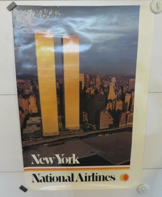 National Airlines 1970s Vintage Travel Poster 28x42 York City Twin Towers