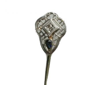 Antique Art Deco Filigree Diamond Sapphire,  14k White Gold Lapel Stick Pin