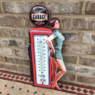 Harley Davidson Pinup Girl Metal Thermometer Shop Garage Bar Man Cave Oil Gas