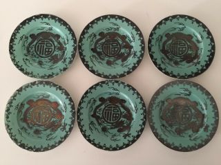 Antique Chinese 大明永楽 (1403 - 1424) Set Of 6 Black Metal Dragon Green Plates,  6 " D