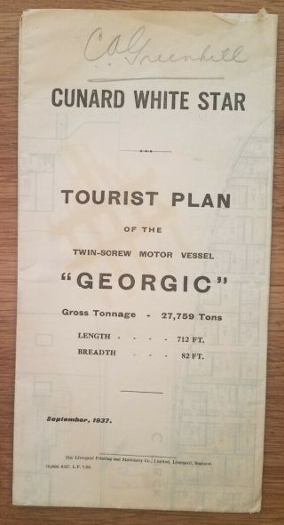 Georgic (cunard White Star) 1937 Tourist Tissue Deck Plan