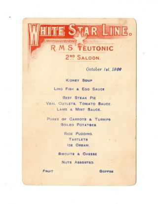 Rms Teutonic Small 2nd Class Menu White Star Line Titanic Interest