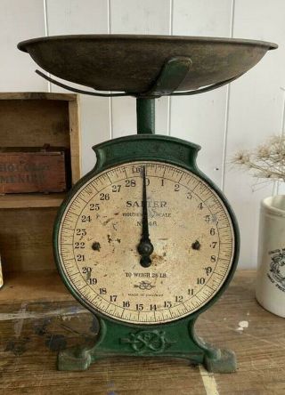 Antique Green English Salter Cast Iron Household Scale 46 & Round Tin Pan