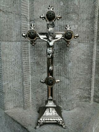 Big Antique France Ornate Gothic Metal Altar Monastery Standing Cross Crucifix