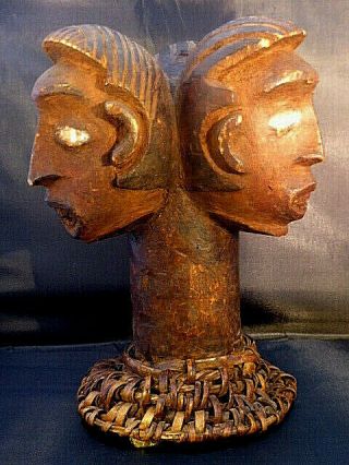 Old Ekoi Wood Headpiece Basket Cap Three Headed From Nigeria Africa