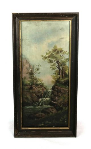 Antique 19th Century Forest Landscape Oil Painting Stream Waterfall