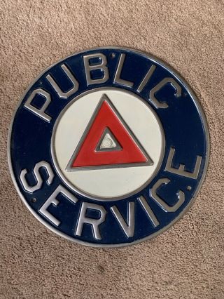 Antique 1930`s Public Service Metal Advertising Sign - Bright Color Bus Co.  ?