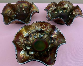3 Antique Northwood Carnival Glass Electric Amethyst Three Fruits Medallion Bowl