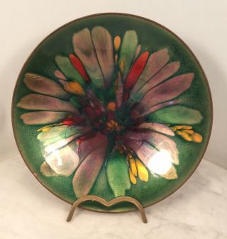 Mid Century Modern Art Enamel On Copper Plate Green Flower Bowl Signed 9”