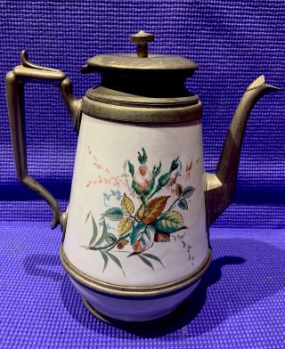 Early 1800s Antique Pewter Enamel Graniteware Coffee Teapot Rosebud Hand Painted