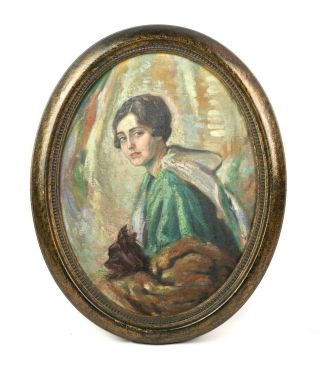Antique Oval Frame Portrait Oil Painting Of Woman And Small Terrier Dog