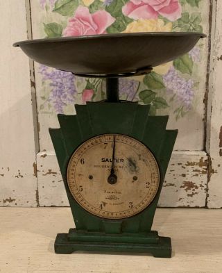 Antique Green Art Deco Salter English Cast Iron Household Scale & Round Tin Pan