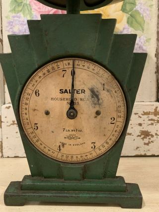 Antique Green Art Deco SALTER English Cast Iron Household Scale & Round Tin Pan 2