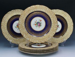 Antique George Jones Crescent China 8 Dinner Plates Cobalt & Gold Encrusted