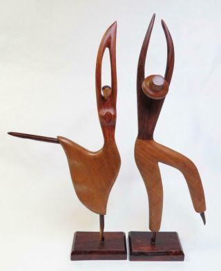 Mid Century Modern Carved Wood Sculpture Pair Man Woman Dancers 12 " Teak Etc