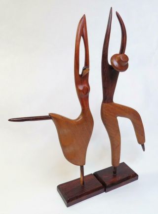 Mid Century Modern Carved Wood Sculpture Pair Man Woman Dancers 12 