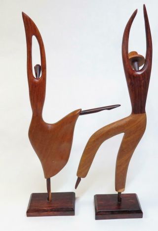 Mid Century Modern Carved Wood Sculpture Pair Man Woman Dancers 12 