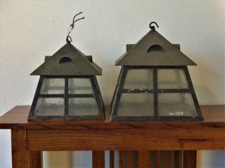 Pair 2 Antique Arts Crafts Mission Outdoor Light Fixtures Lantern,  Metal & Glass