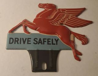 Vintage Mobil Pegasus License Plate Topper Drive Safely 6 1/2 " X 5 1/4 "