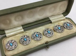 Antique Art Nouveau Solid Silver & Turquoise Centre Cased Set Of Buttons.