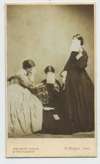 Antique Cdv Photograph Of Three Victorian Woman Hiding Faces Behind Letters D2