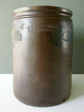 S.  H.  Sonner Strasburg Va Antique Dark Stoneware Decorated Storage Crock Jar