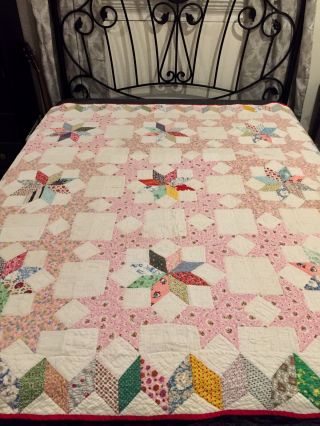 Antique Hand Sewn Patchwork Quilt,  8 Pointed Lemoyne Star Pattern,  Early 1900 