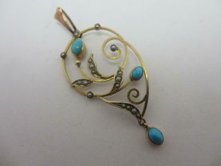 Turquoise & Seed Pearl 9k Gold Dangling Pendant Lavalier Antique C1890 Tbj1105