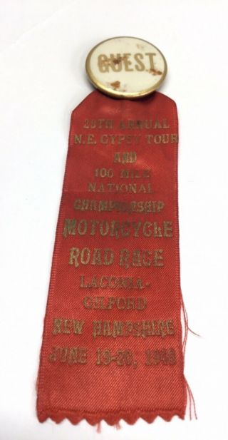 Antique 1948 Laconia Gilford NH Motorcycle Road Race Gypsy Tour Guest Ribbon Pin 2