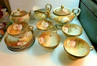 Antique Porcelain Nippon Pedestal Tea Set Moriage Gold Teapot Cup Saucer C&s (13