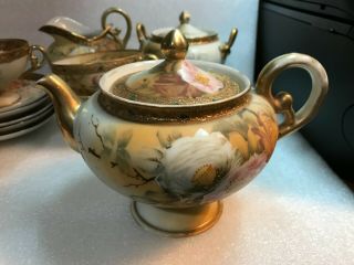 ANTIQUE PORCELAIN NIPPON Pedestal Tea Set Moriage Gold Teapot Cup Saucer C&S (13 3