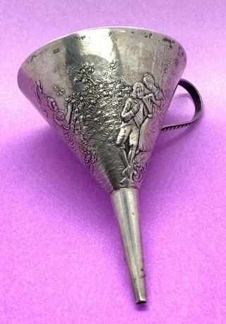 Late 17th Century German Solid Silver Repousse Scene Wine Liquor Flask Funnel