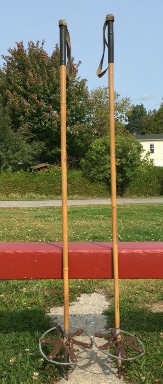 Antique Bamboo Ski Poles 48 " Long,  7 " Leather Baskets Old Snow Skis Lovely