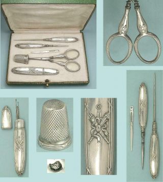 Antique French Silver Sewing Set W/ Scissors,  Crochet Hook,  Thimble,  Etc.  C1900